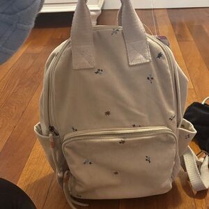 White Corduroy Backpack with Floral Embroidery